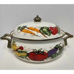Vintage Farmers Market Enamel Covered Casserole Dutch Oven Pot Vegetables 2 Qt